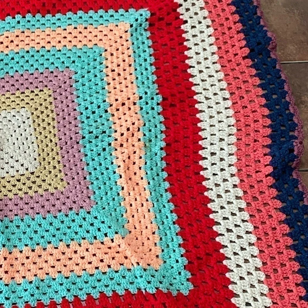 Vintage Handmade Afghan Blanket Throw 60”x60”Crochet Multi-Color
